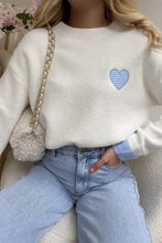 Load image into Gallery viewer, Emily Plaid Heart Embroidered Cuffed Drop Shoulder Crew Neck Sweater
