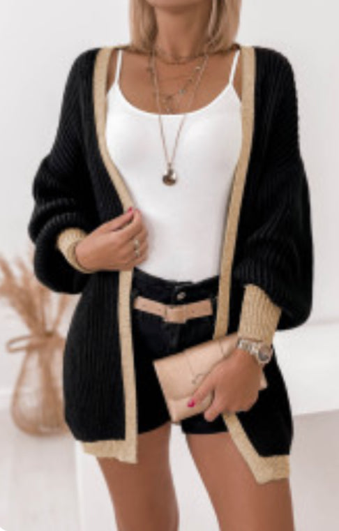 Black knit cardigan with khaki trim