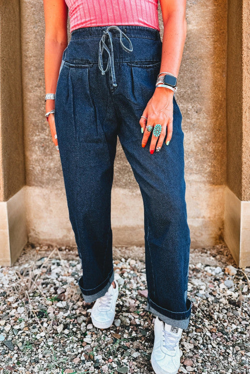 Frankie Checkered Side Panel Patchwork Drawstring Loose Denim Pants