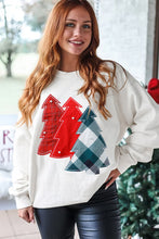 Load image into Gallery viewer, Evergreen Tree Pearls &amp; Plaid Patched Lightweight Sweatshirt
