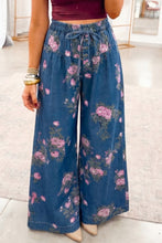 Load image into Gallery viewer, 🖤 PRE-ORDER🖤 Deborah Blue Retro Floral Print Tie Elastic Waist Button Pintuck Wide Leg Jeans
