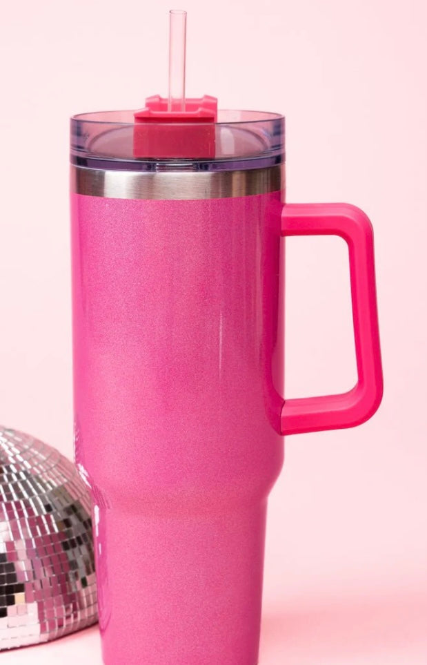 Sparkly & Shimmering Barbie Pink Stainless Steel Handled Tumbler 40oz