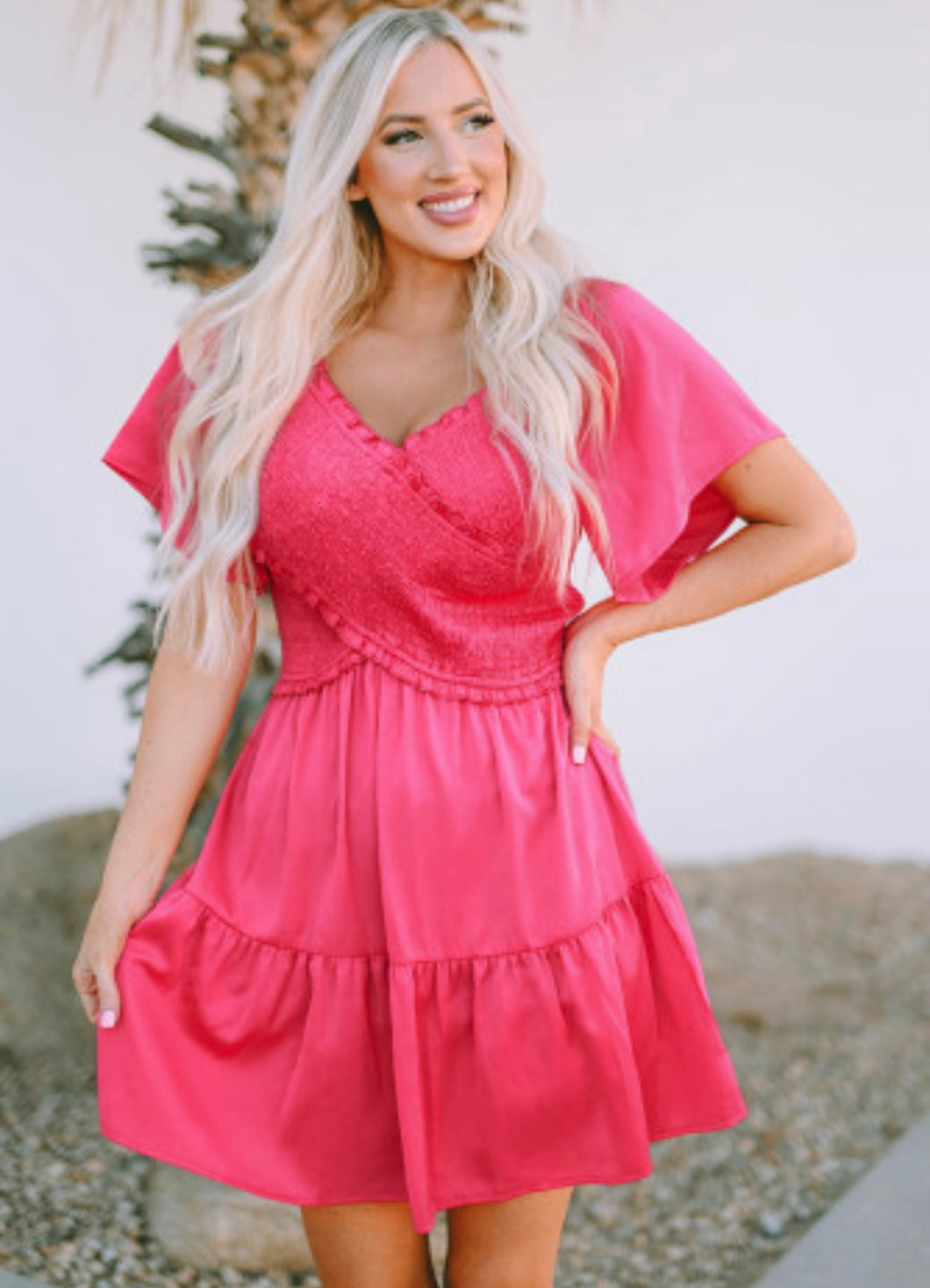 Rose Smocked Crossover Flutter Dress