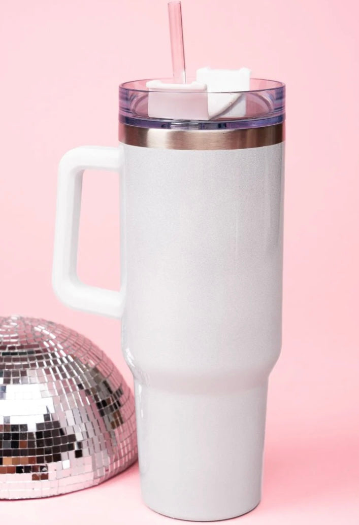Sparkly & Shimmering Pearly White Stainless Steel Handled Tumbler 40oz