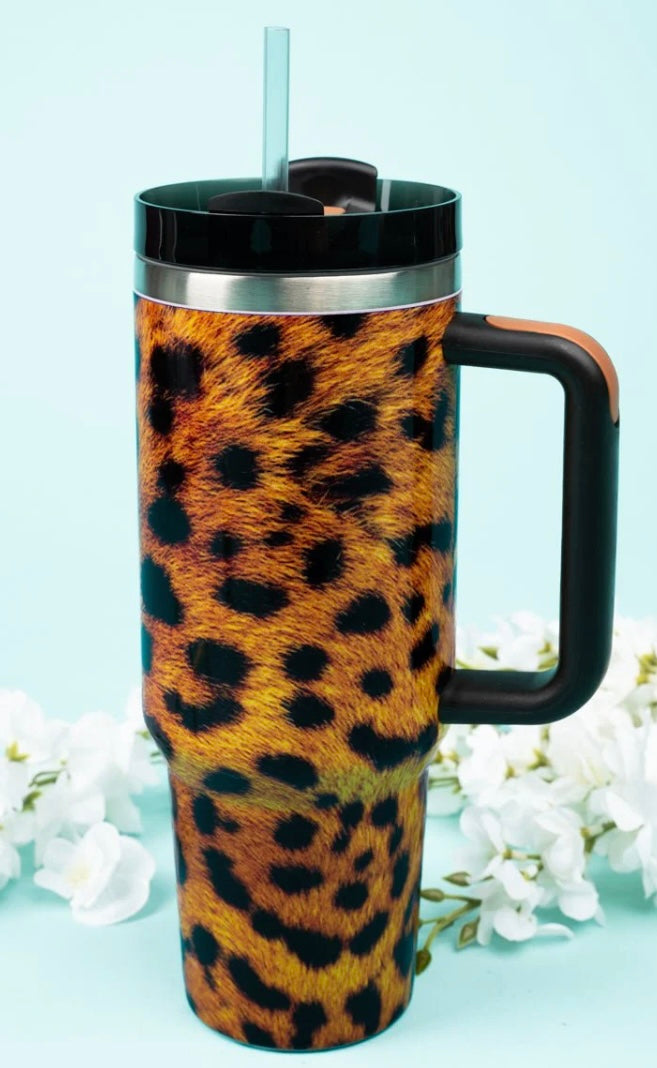 Glossy Leopard Stainless Steel Handled Tumbler 40oz